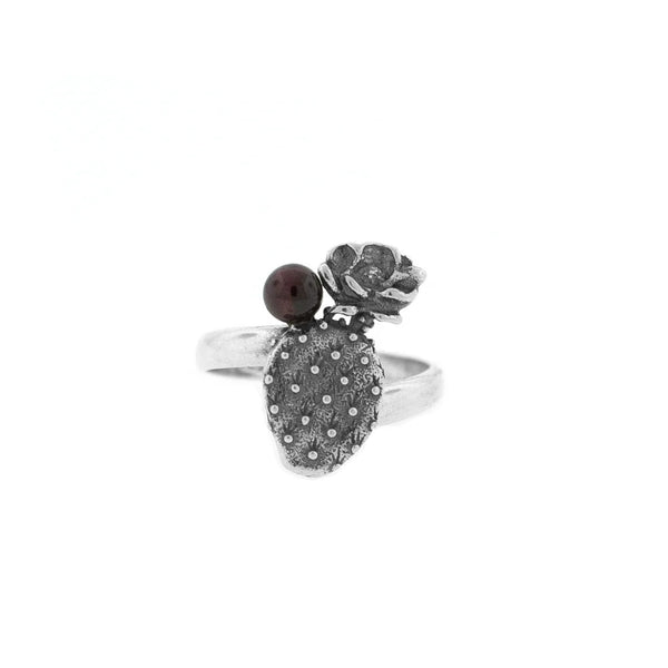 Anillo Flor de Nopal Mediano｜花付きウチワサボテンのリング（シルバー・ガーネット・天然石）