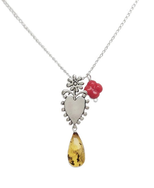 Collar mexicano de cadena de ámbar y coral floral｜メキシカンコラソンのネックレス（シルバー・アンバー・天然石）