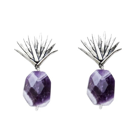 Aretes Agave Sueño 4 Amatista｜アガベとシェブロンアメジストのピアス（シルバー・アメジスト・天然石）