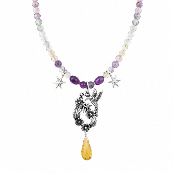 Collar clásico de colibrí con flores y estrellas｜ハチドリのネックレス（シルバー・フローライト・天然石）