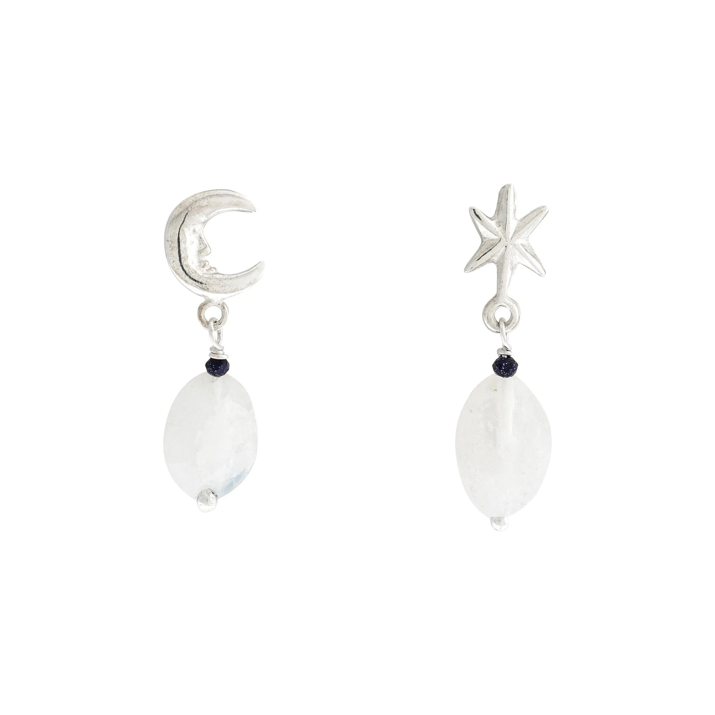 氷の月＊ムーンストーン風ペンデュラム ピアス/イヤリング（アシンメトリー） Aretes Luna y Estrella3｜星と月のアシンメトリーピアス（シルバー