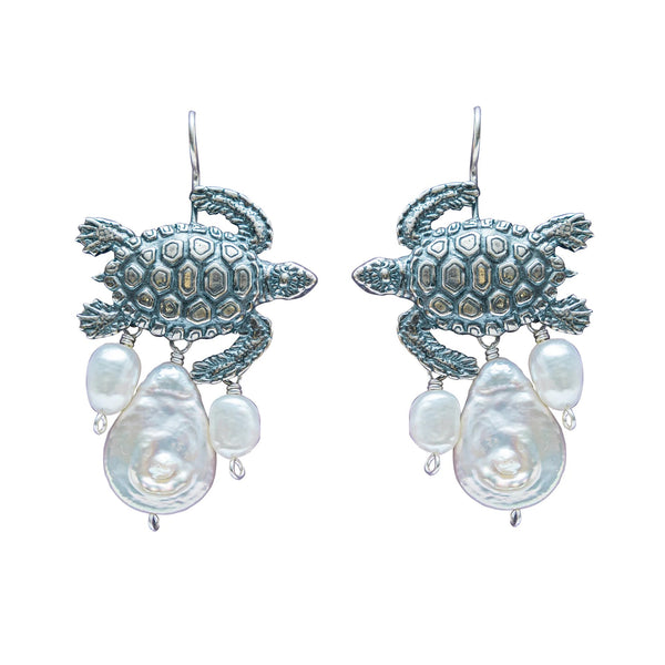 Aretes Playa Tortuga｜ウミガメとバロックパールのピアス（シルバー・パール・天然石）