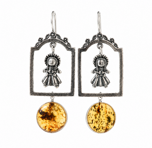Aretes Muñecas María y Ámbar｜マリア人形のピアス（シルバー・アンバー・天然石）