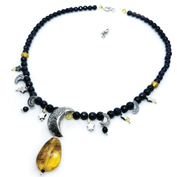Luna y estrellas Collar de ámbar y aventurina azul｜三日月のネックレス（シルバー・ブルーアベンチュリン・天然石）