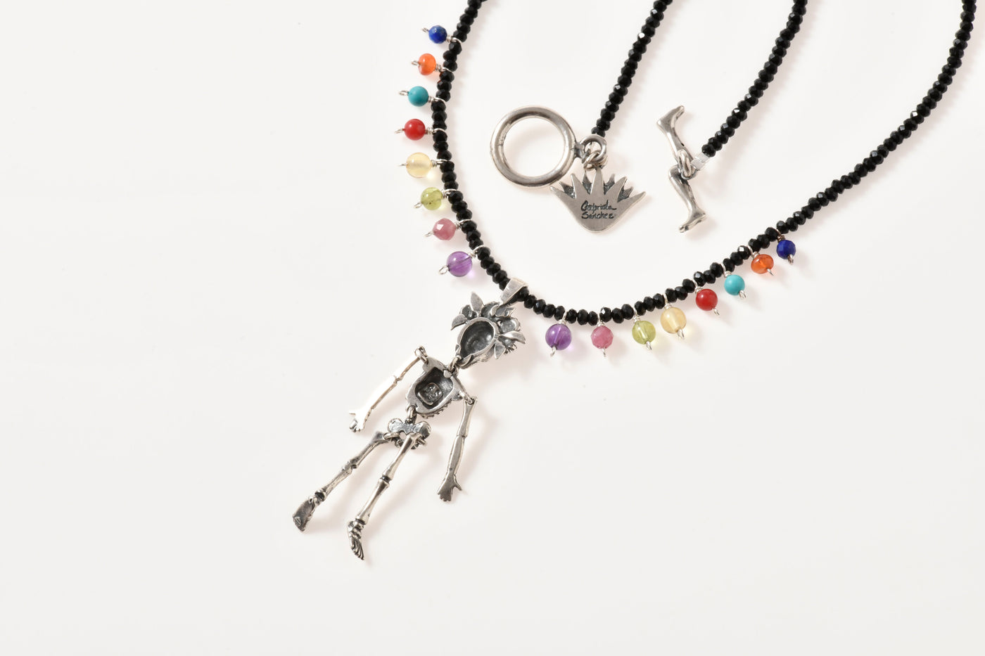 Collar Calaca Dama con flores｜婦人スカルのネックレス（シルバー・ブラックスピネル・天然石）