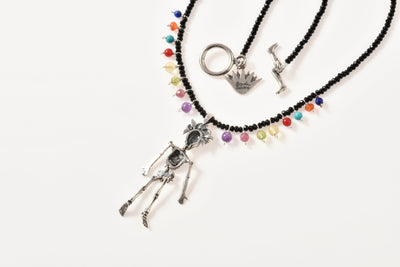 Collar Calaca Dama con flores｜婦人スカルのネックレス（シルバー・ブラックスピネル・天然石）