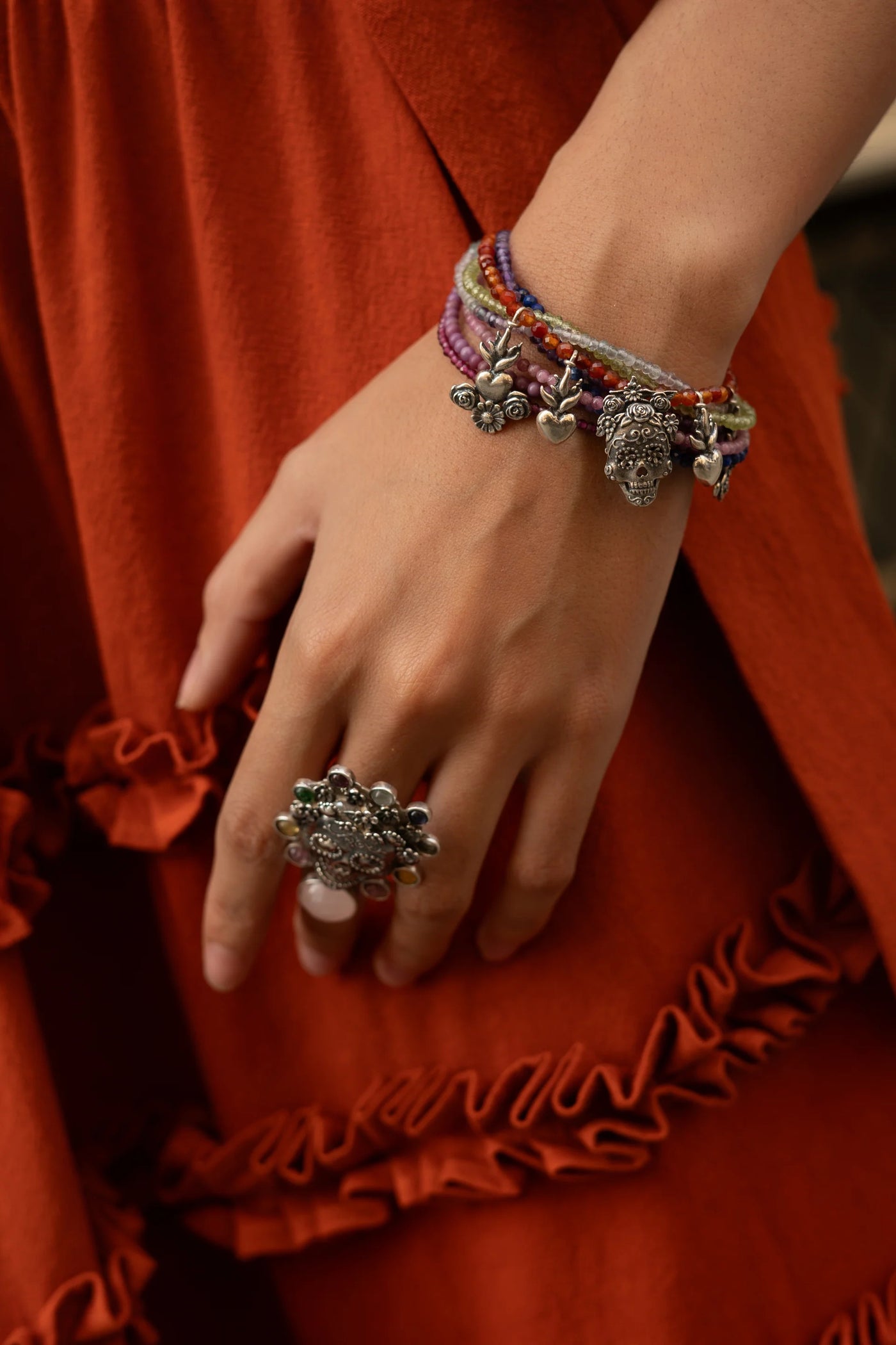 Pulsera Anturio Calavera｜スカル＆ハートの8連ブレスレット（シルバー・マルチカラーストーン・天然石）