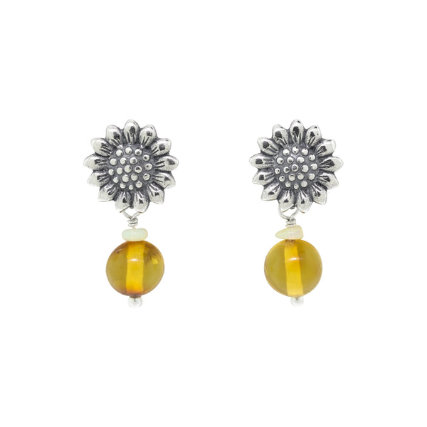 Aretes Girasoles Amarillos｜ひまわりのピアス（シルバー・アンバー・天然石）