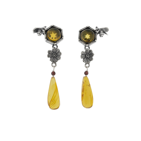 ARETES ABEJITAS TRAS LA MIEL｜ハニカムのピアス（シルバー・アンバー・天然石）