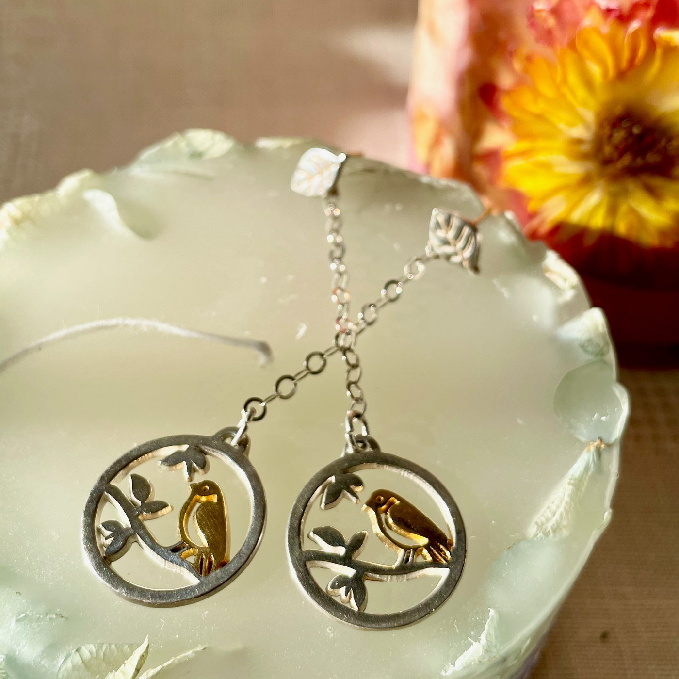 Aretes Aves Plata y chapado en oro de 18 quilate｜鳥のスイングピアス（シルバー・18金GF・天然石）