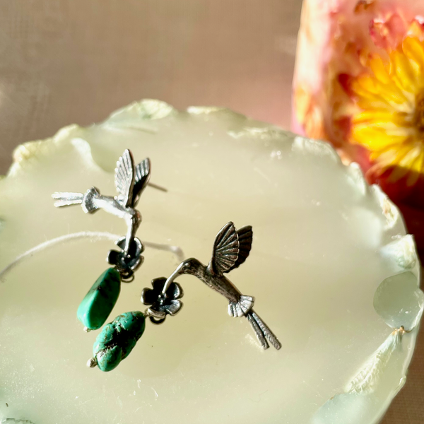 ARETES COLIBRÍES COLAS LARGAS｜ハチドリのピアス（シルバー・ターコイズ・天然石）