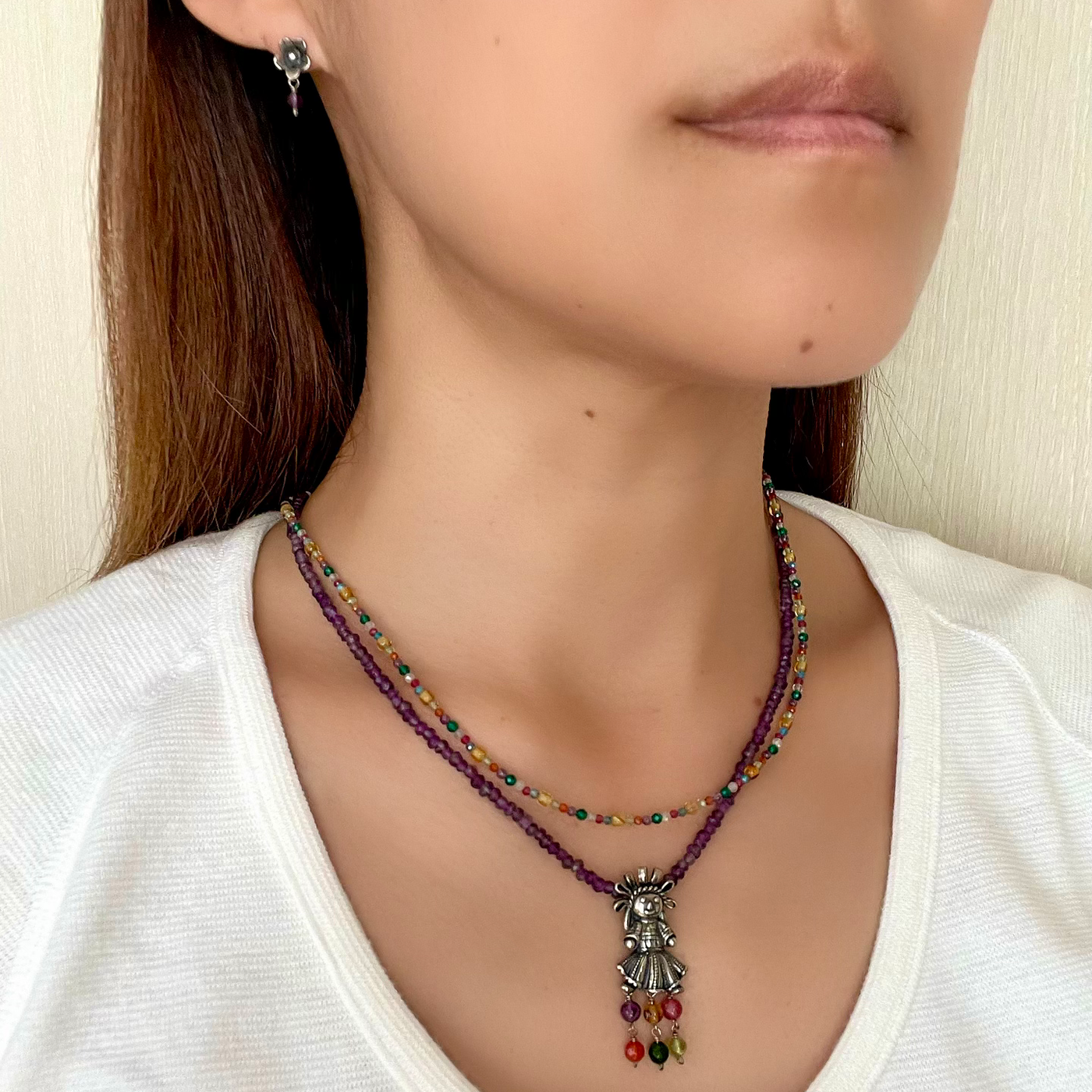 Collar muñeca María y Aretes flores｜マリア人形のネックレス＆ピアスセット（シルバー・アメジスト・天然石）