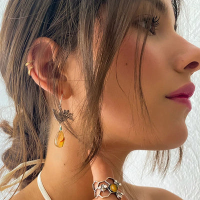 Aretes Ave Plumosa Ch.｜クジャクのピアス（シルバー・アンバー・天然石）