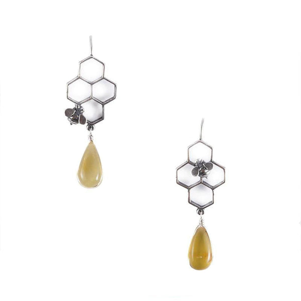 Aretes Panal De Abeja 4 Cámaras｜ハニカムのピアス（シルバー・アンバー・天然石）