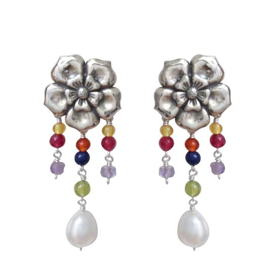 Aretes Flor Corazón de Colores｜花のピアス（シルバー・パール・天然石）