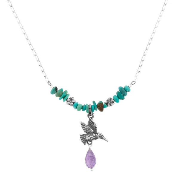 Collar Cadenita Colibrí｜ハチドリのネックレス（シルバー・ターコイズ・アメジスト・天然石）