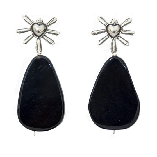 Aretes Corazón Querido México Ónix｜メキシカンハートのピアス（シルバー・オニキス・天然石）
