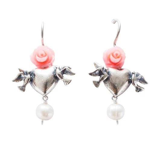 Aretes Dulzura｜ハートと鳩のピアス（シルバー・パール・レジン）