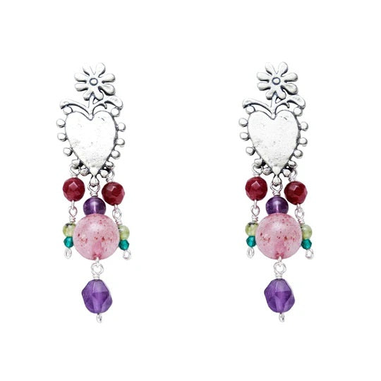 Aretes Vida En Colores｜ハートのピアス（シルバー・ストロベリークオーツ・天然石）