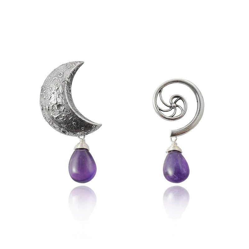 Aretes Espiral Mediano Y Luna｜三日月＆渦巻きのアシンメトリーピアス（シルバー・アメジスト・天然石）